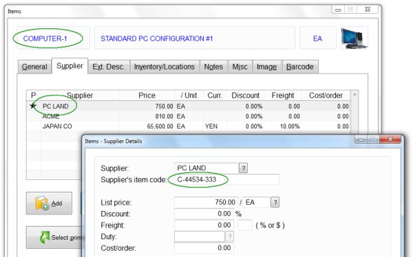 Supplier's part numbers in free Purchase Order Software