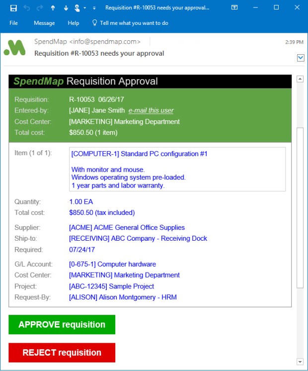 Approve requisitions via email.